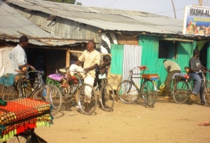 A boda-boda taxi station in the camp